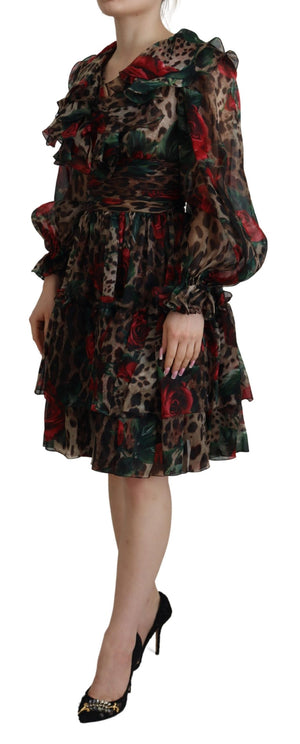 Dolce & Gabbana Brown Leopard Roses Silk Ruffled Gown Dress - DEA STILOSA MILANO