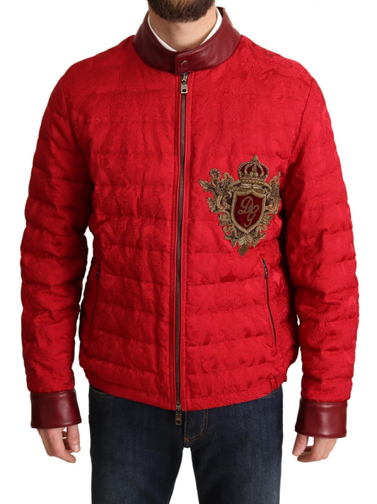 Dolce & Gabbana Red Brocade Bomber Gold Crown Logo Coat Jacket - DEA STILOSA MILANO