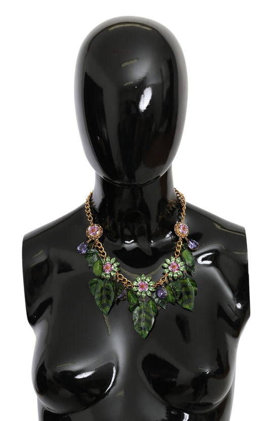 Dolce & Gabbana Green Leaves Gold Brass Crystal Flower Pendant Necklace - DEA STILOSA MILANO