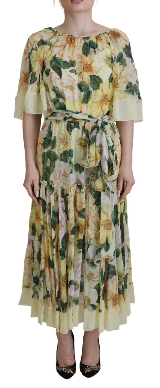 Dolce & Gabbana Yellow Floral Print Pleated Maxi Silk Dress - DEA STILOSA MILANO