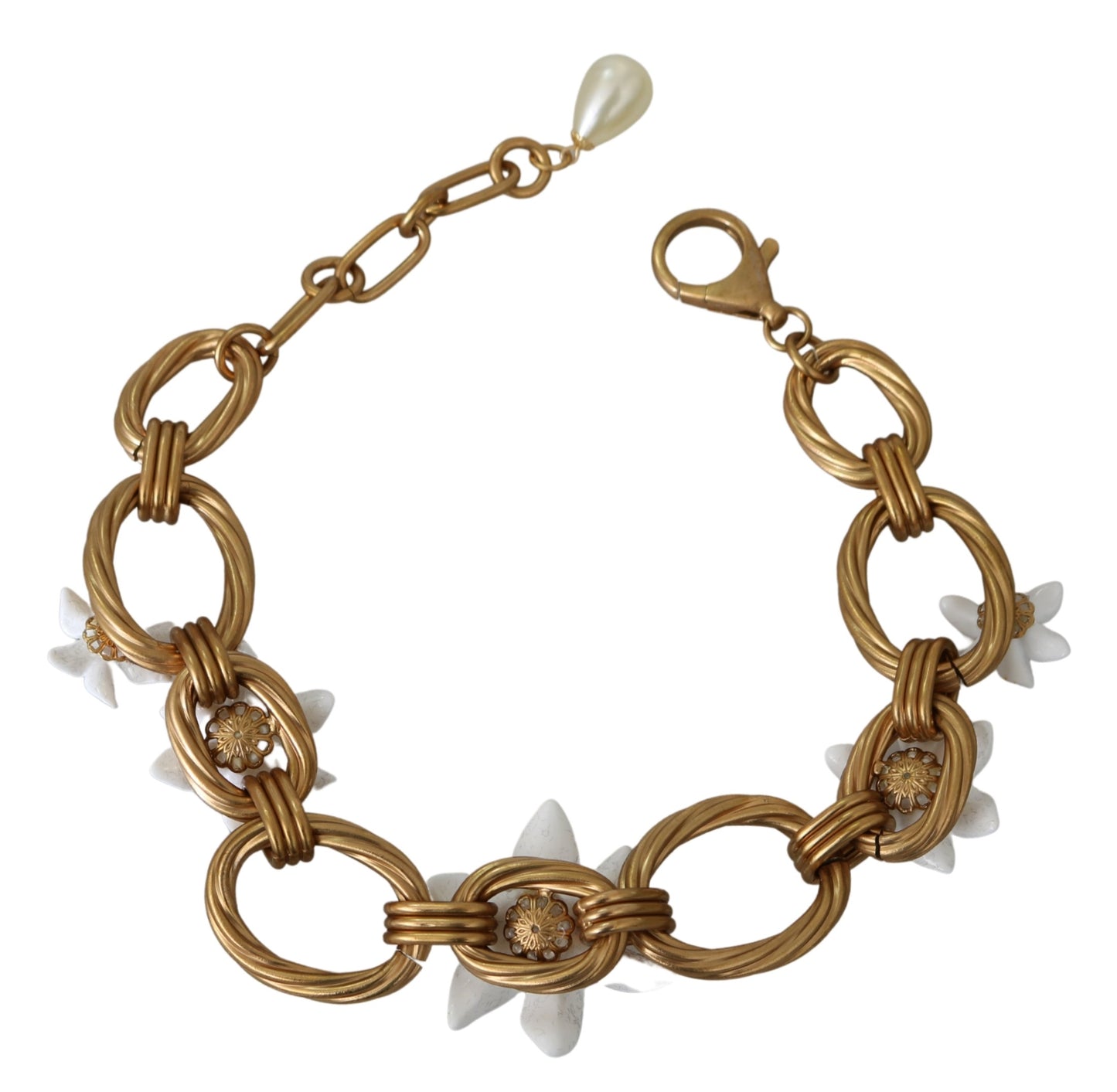 Dolce & Gabbana White Floral LILIUM Pendant Gold Chain Brass Pearl Necklace - DEA STILOSA MILANO
