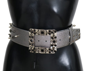 Dolce & Gabbana Silver Leather Crystal Stud Logo Buckle Belt - DEA STILOSA MILANO