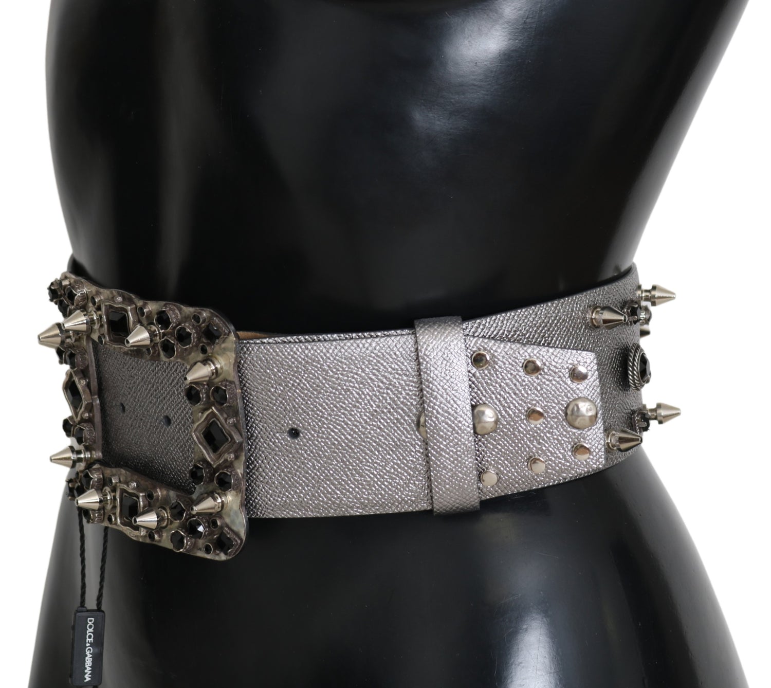 Dolce & Gabbana Silver Leather Crystal Stud Logo Buckle Belt - DEA STILOSA MILANO