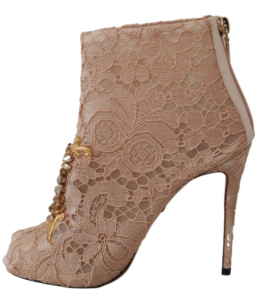 Dolce & Gabbana Pink Crystal Lace Booties Stilettos Shoes - DEA STILOSA MILANO