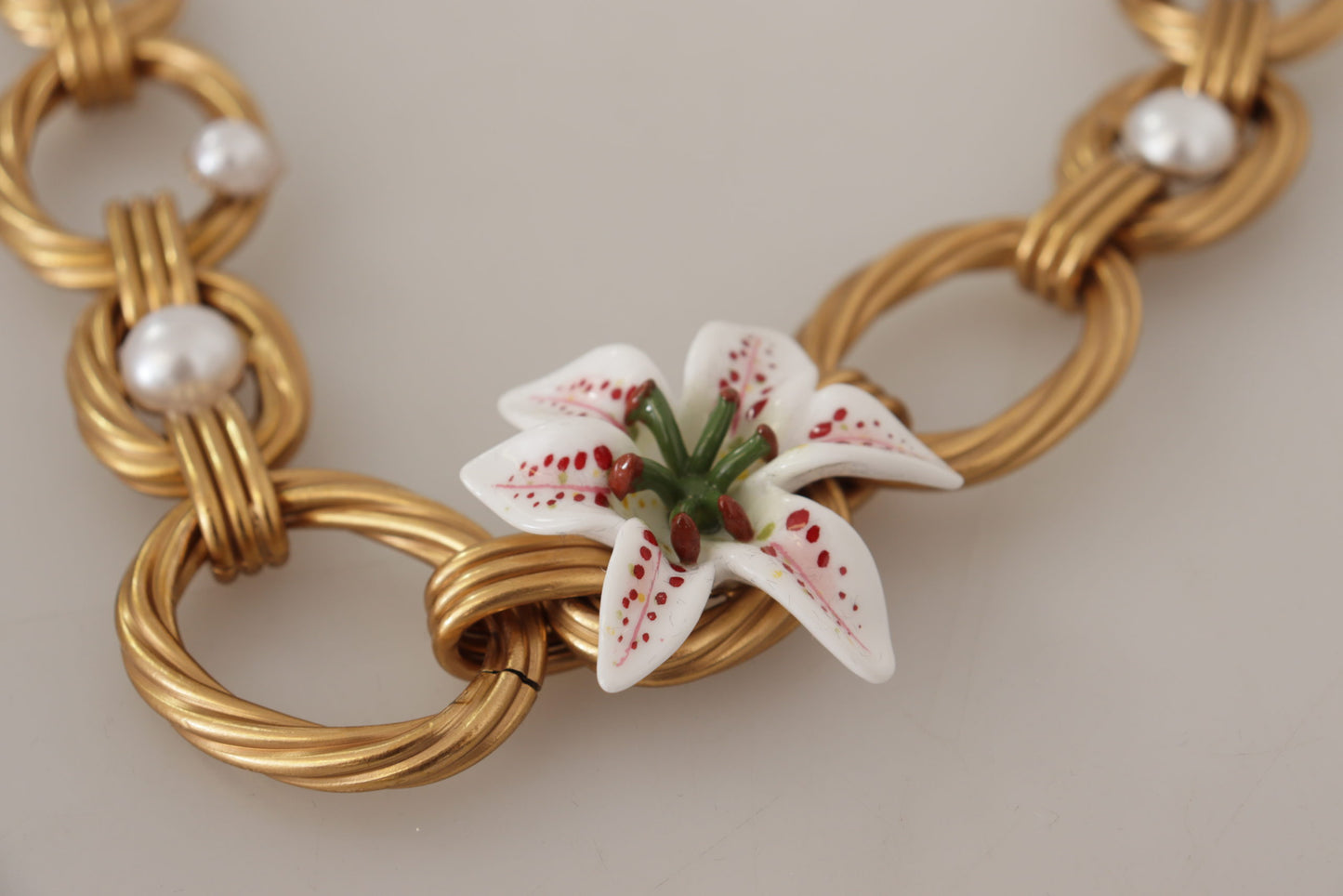 Dolce & Gabbana Gold White Lily Floral Chain Statement Necklace - DEA STILOSA MILANO