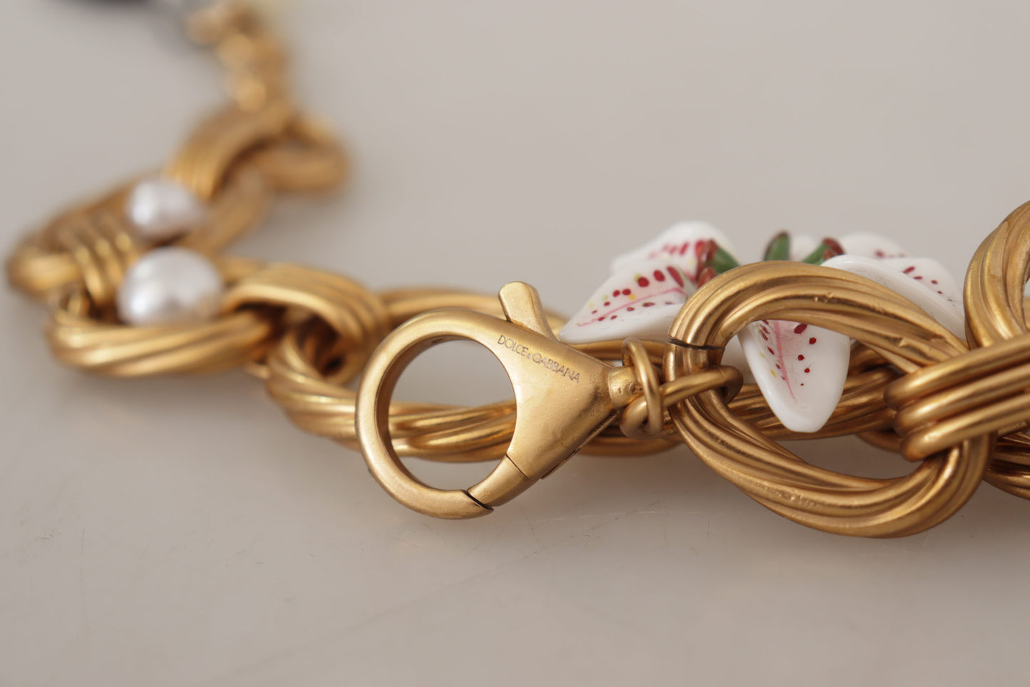 Dolce & Gabbana Gold White Lily Floral Chain Statement Necklace - DEA STILOSA MILANO