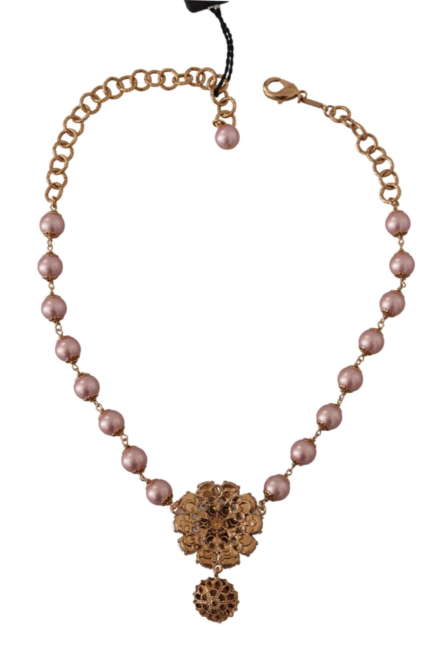 Dolce & Gabbana Gold Brass Crystal Pink Faux Pearl Pendants Necklace - DEA STILOSA MILANO