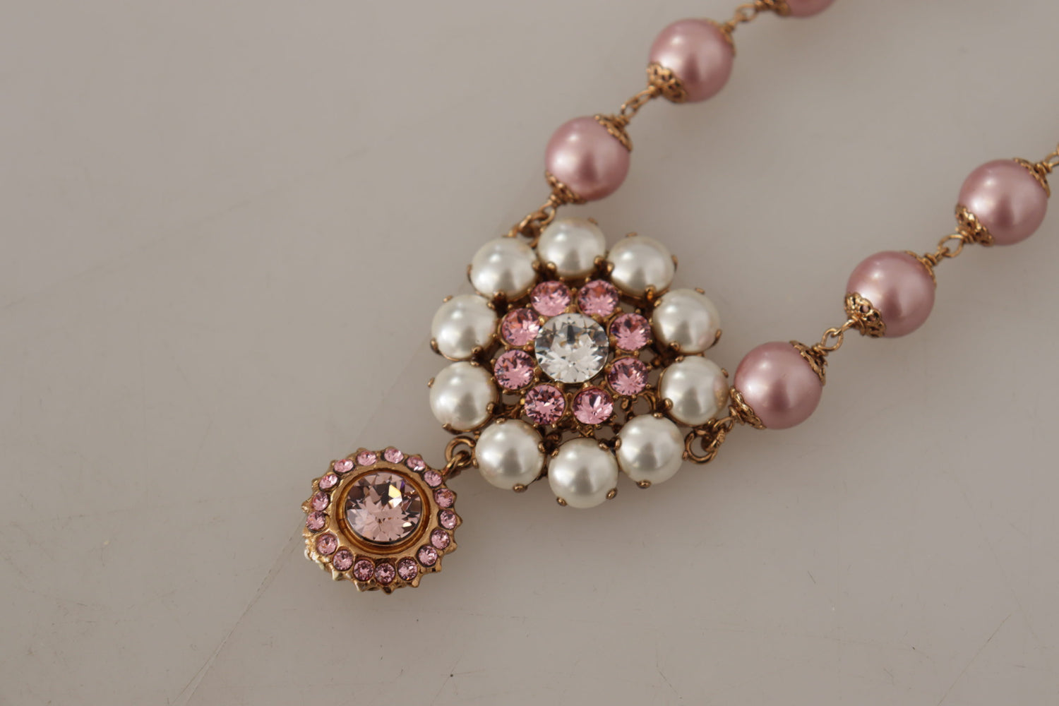 Dolce & Gabbana Gold Brass Crystal Pink Faux Pearl Pendants Necklace - DEA STILOSA MILANO