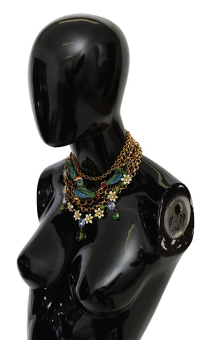 Dolce & Gabbana Gold Parrot Crystal Floral Charm Statement Necklace - DEA STILOSA MILANO