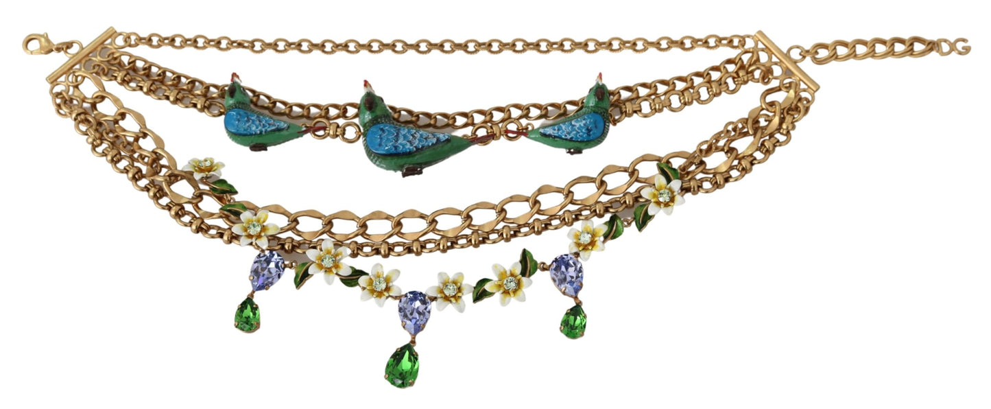 Dolce & Gabbana Gold Parrot Crystal Floral Charm Statement Necklace - DEA STILOSA MILANO