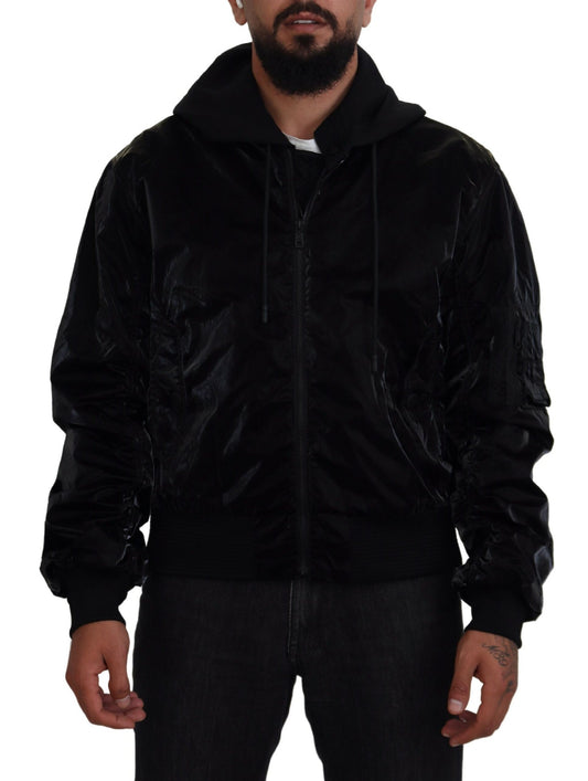 Dolce & Gabbana Black Nylon Hooded Full Zip Bomber Jacket - DEA STILOSA MILANO