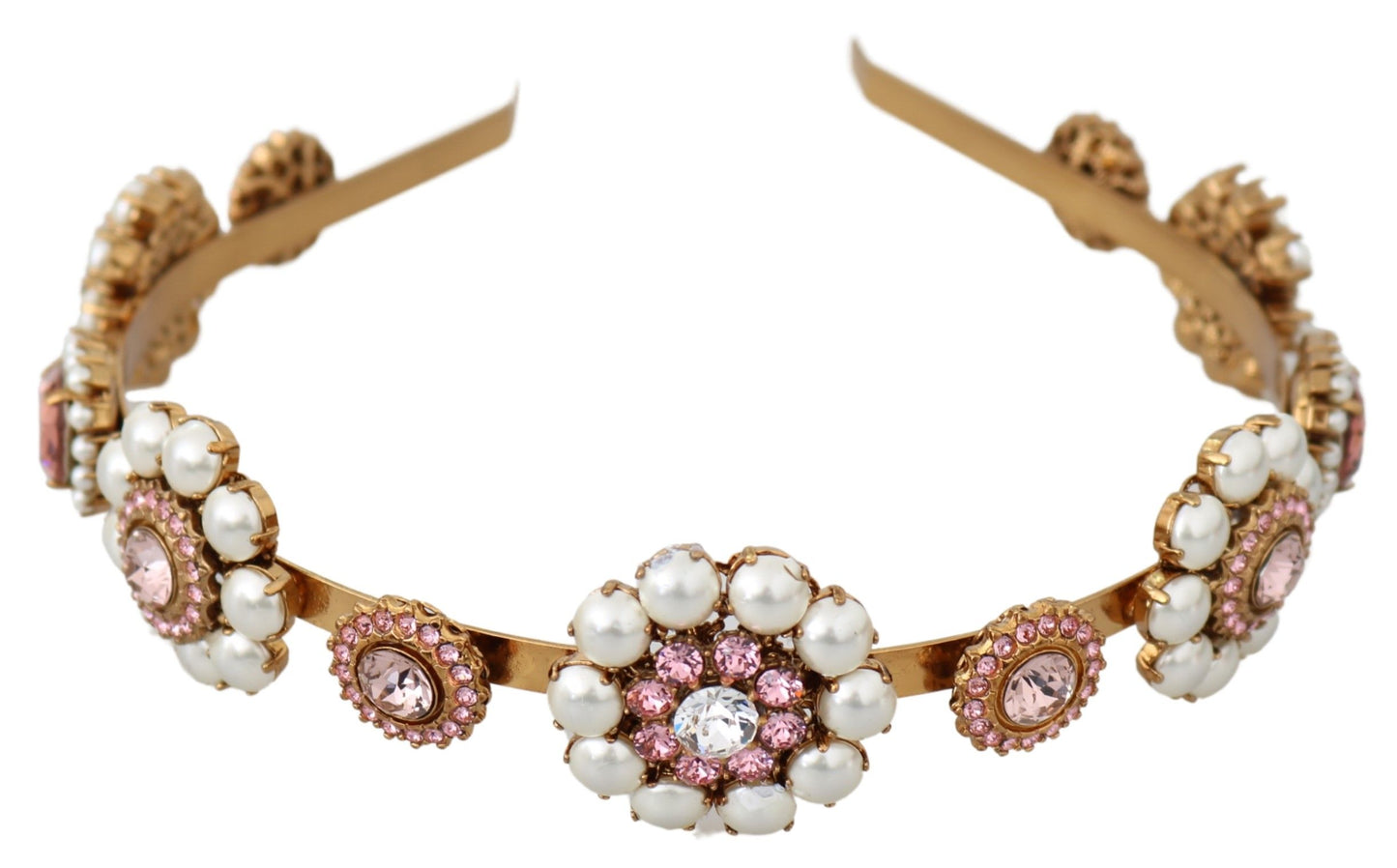 Dolce & Gabbana Gold Tiara Crystal Floral Pearl Headband Logo Diadem - DEA STILOSA MILANO