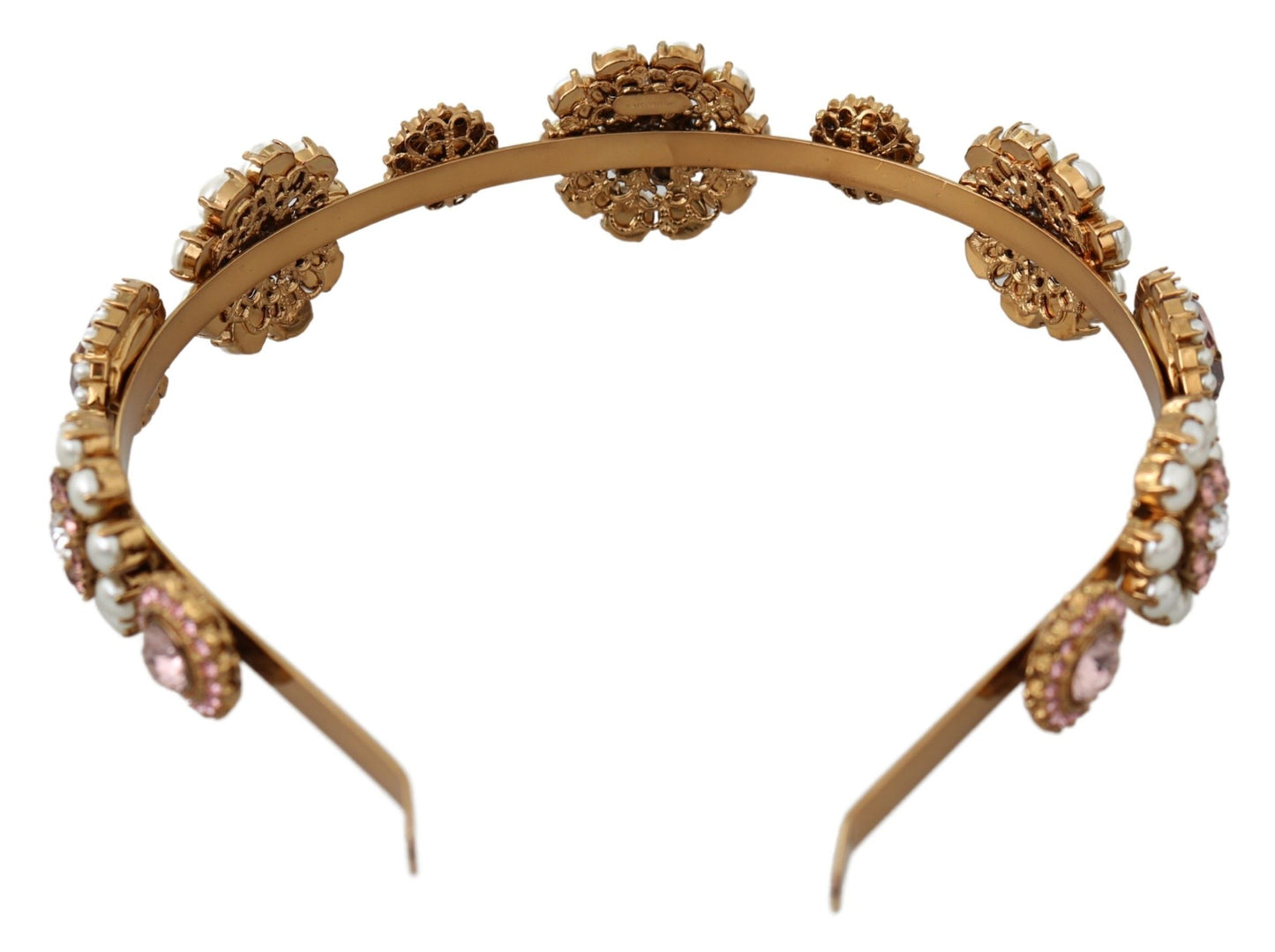 Dolce & Gabbana Gold Tiara Crystal Floral Pearl Headband Logo Diadem - DEA STILOSA MILANO
