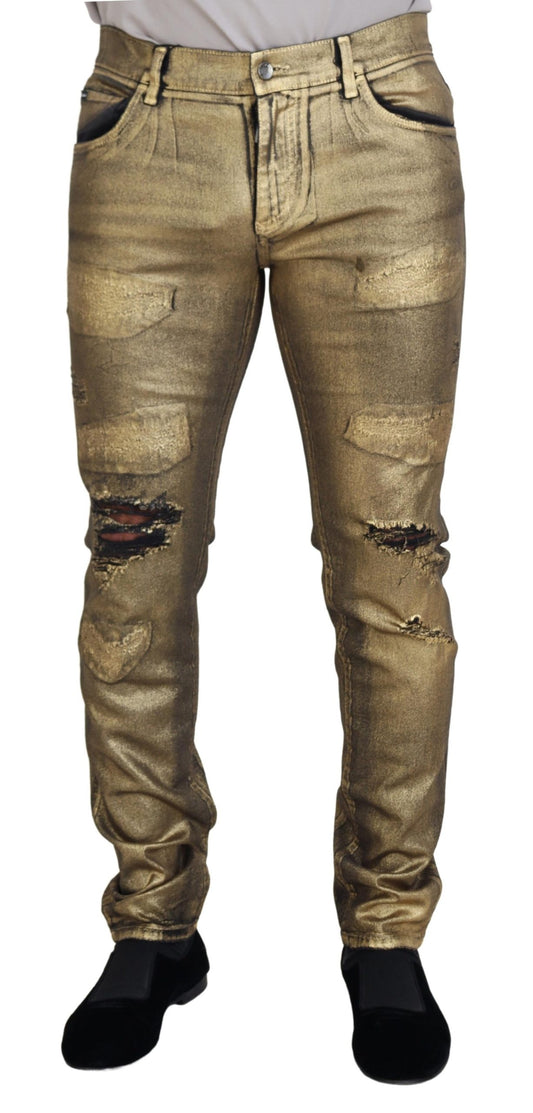 Dolce & Gabbana Gold Cotton Tattered Skinny Men Denim Jeans - DEA STILOSA MILANO