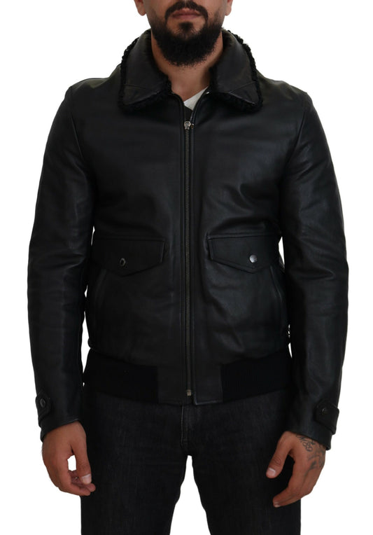 Dolce & Gabbana Black Lamb Leather Collared Men Coat Jacket - DEA STILOSA MILANO