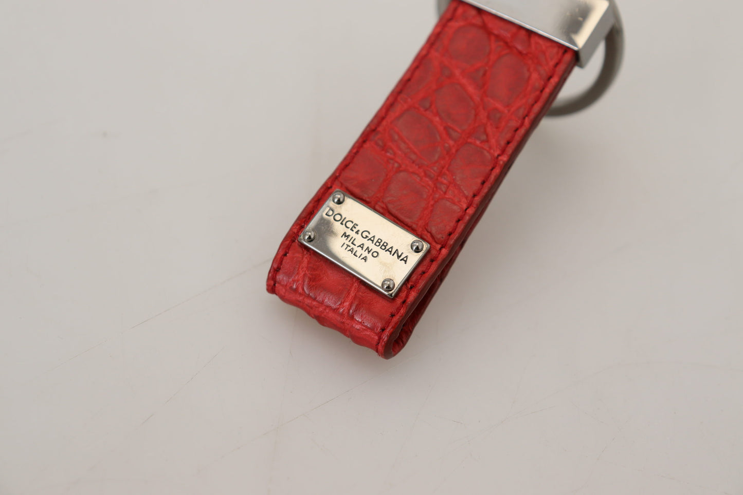 Dolce & Gabbana Red Leather Logo Plaque Silver Brass Keychain - DEA STILOSA MILANO