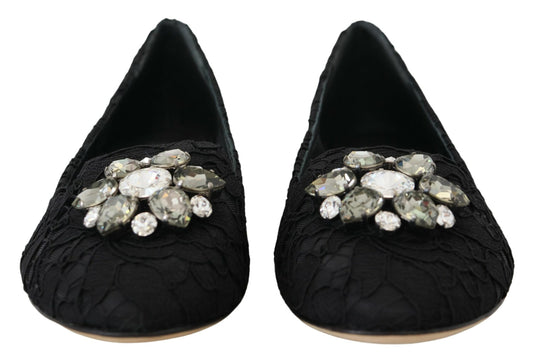 Dolce & Gabbana Black Taormina Lace Crystals Flats Shoes - DEA STILOSA MILANO