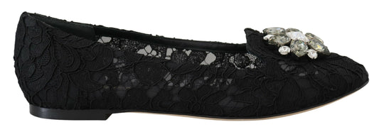 Dolce & Gabbana Black Taormina Lace Crystals Flats Shoes - DEA STILOSA MILANO
