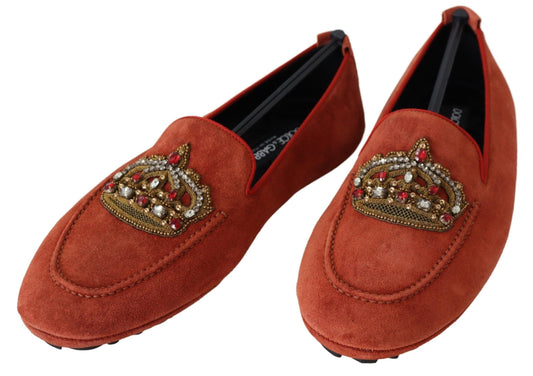 Dolce & Gabbana Orange Leather Crystal Crown  Loafers Shoes - DEA STILOSA MILANO