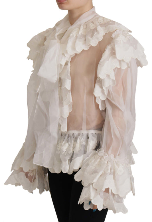 Dolce & Gabbana White Ruffles Lace Long Sleeve Blouse Top - DEA STILOSA MILANO