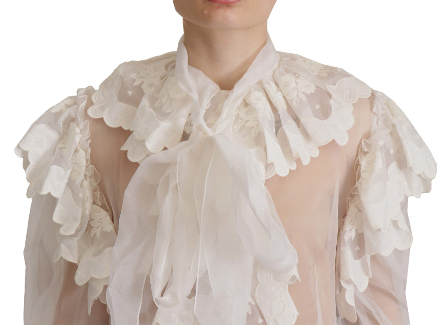 Dolce & Gabbana White Ruffles Lace Long Sleeve Blouse Top - DEA STILOSA MILANO