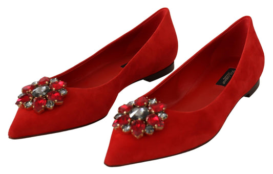 Dolce & Gabbana Red Suede Crystals Loafers Flats Shoes - DEA STILOSA MILANO