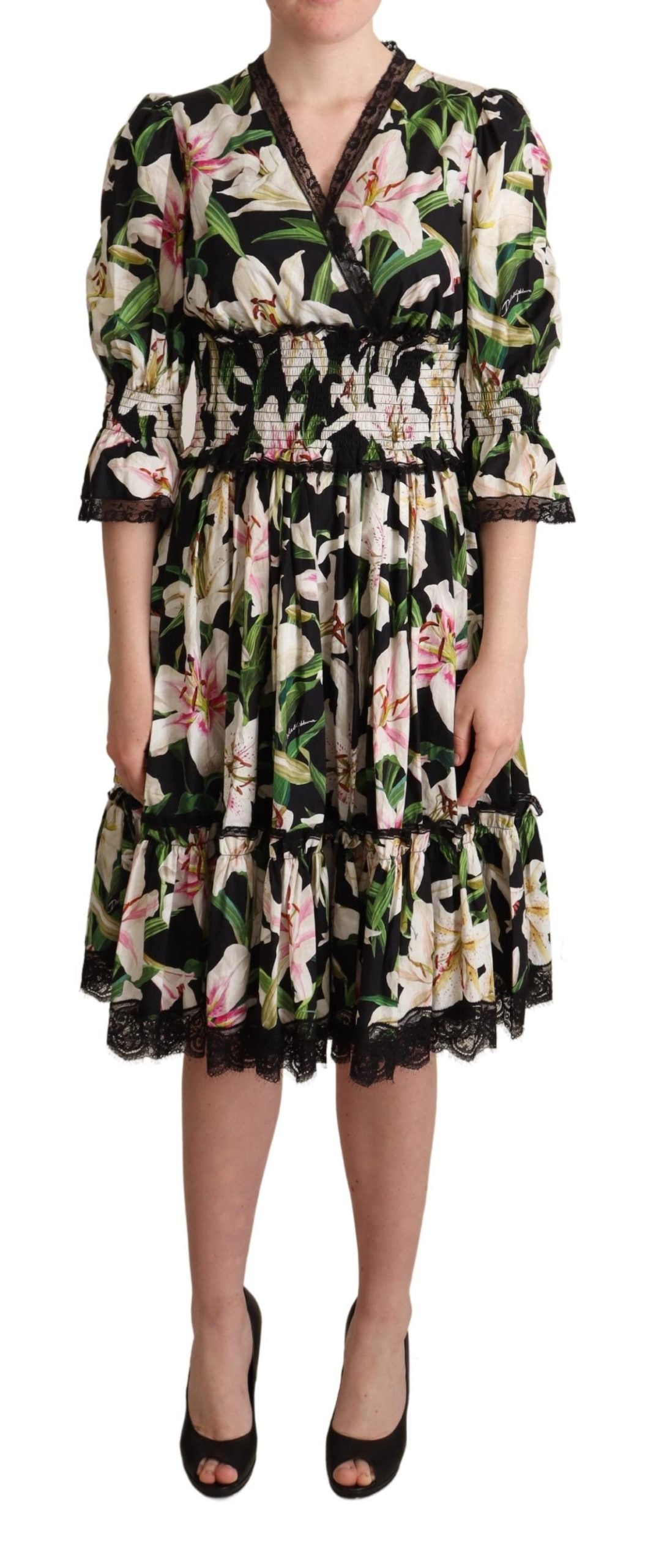 Dolce & Gabbana Black Cotton Lily Print Lace Trim Dress - DEA STILOSA MILANO