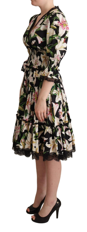 Dolce & Gabbana Black Cotton Lily Print Lace Trim Dress - DEA STILOSA MILANO