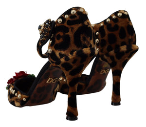 Dolce & Gabbana Brown Embellished Leopard Print Heels Shoes - DEA STILOSA MILANO