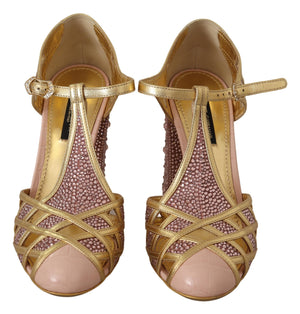 Dolce & Gabbana Pink Gold Leather Crystal Pumps T-strap Shoes - DEA STILOSA MILANO