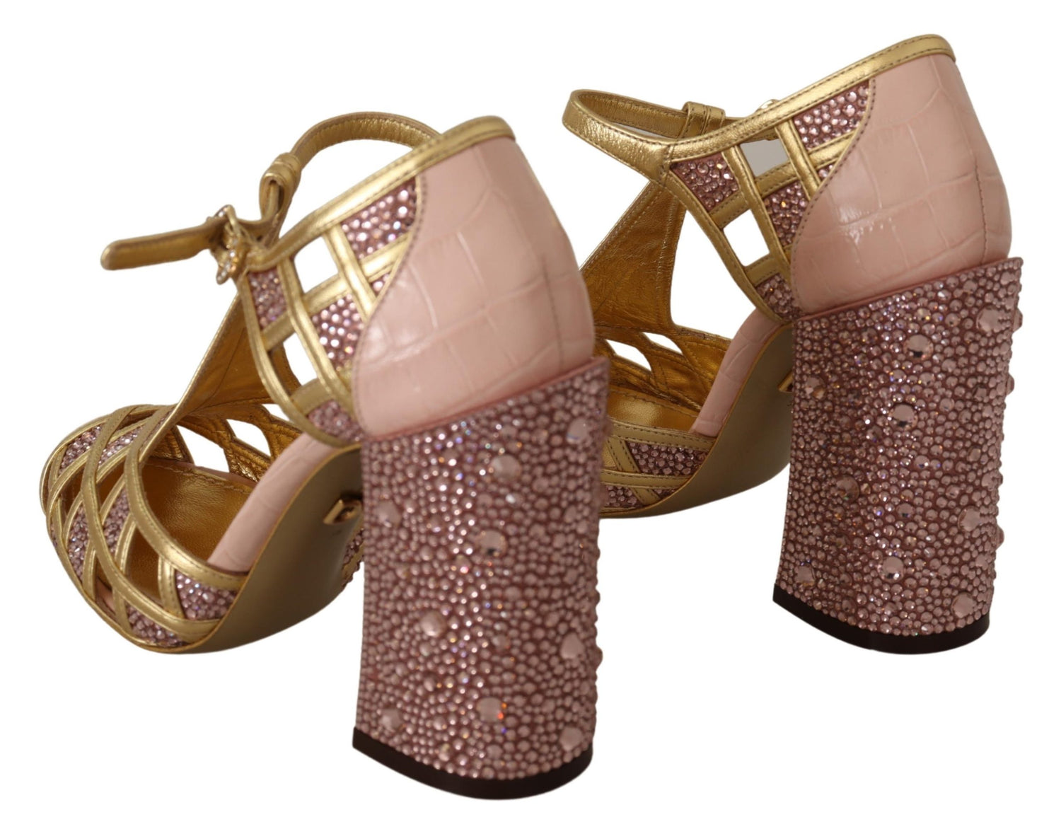 Dolce & Gabbana Pink Gold Leather Crystal Pumps T-strap Shoes - DEA STILOSA MILANO