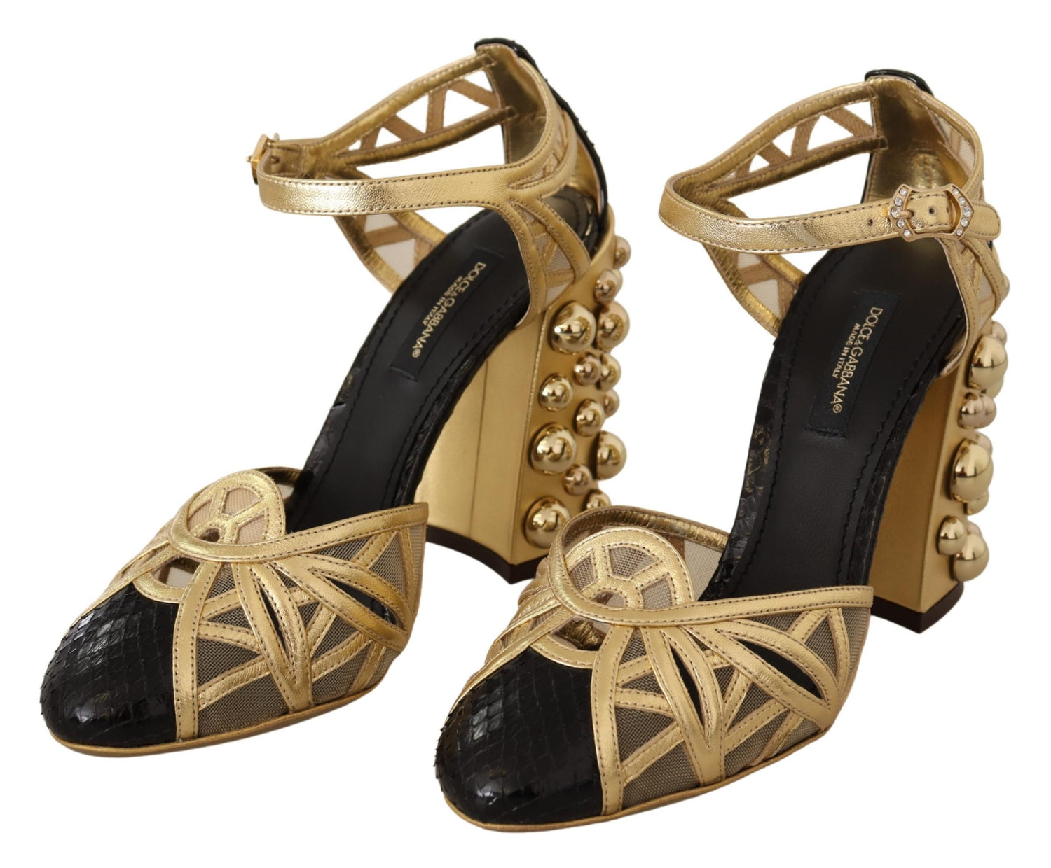 Dolce & Gabbana Black Gold Leather Studded Ankle Straps Shoes - DEA STILOSA MILANO