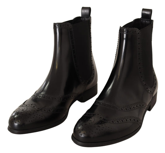 Dolce & Gabbana Black Leather Ankle High Flat Boots Shoes - DEA STILOSA MILANO