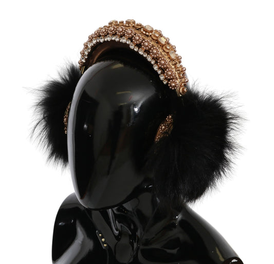 Dolce & Gabbana Gold Black Crystal Fur Headset Audio Headphones - DEA STILOSA MILANO