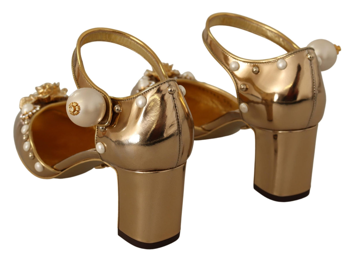 Dolce & Gabbana Gold Leather Studded Crystal Ankle Strap Shoes - DEA STILOSA MILANO