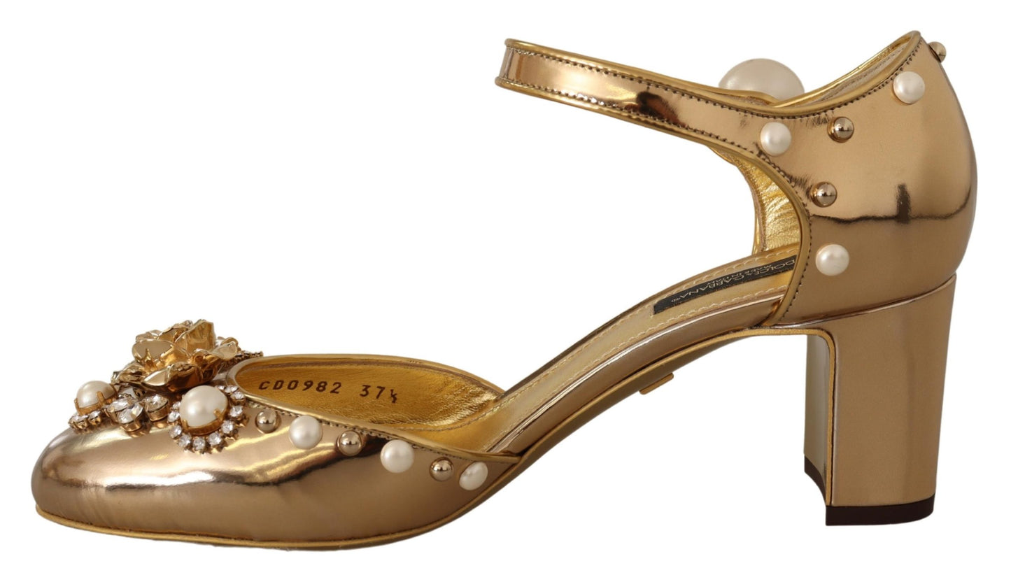 Dolce & Gabbana Gold Leather Studded Crystal Ankle Strap Shoes - DEA STILOSA MILANO