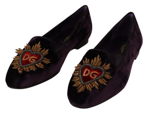Dolce & Gabbana Purple Velvet DG Heart Loafers Flats Shoes - DEA STILOSA MILANO