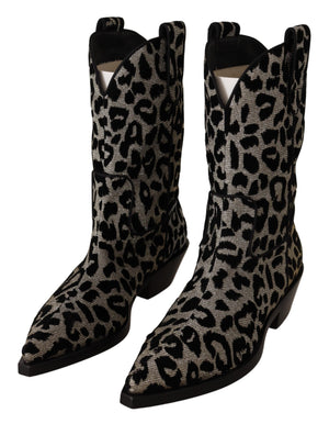 Dolce & Gabbana Gray Black Leopard Cowboy Boots Shoes - DEA STILOSA MILANO
