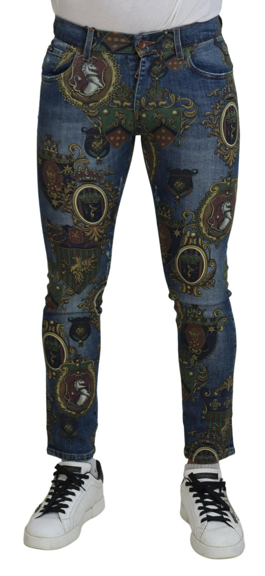 Dolce & Gabbana Blue Medal Print Slim Fit Cotton Jeans - DEA STILOSA MILANO