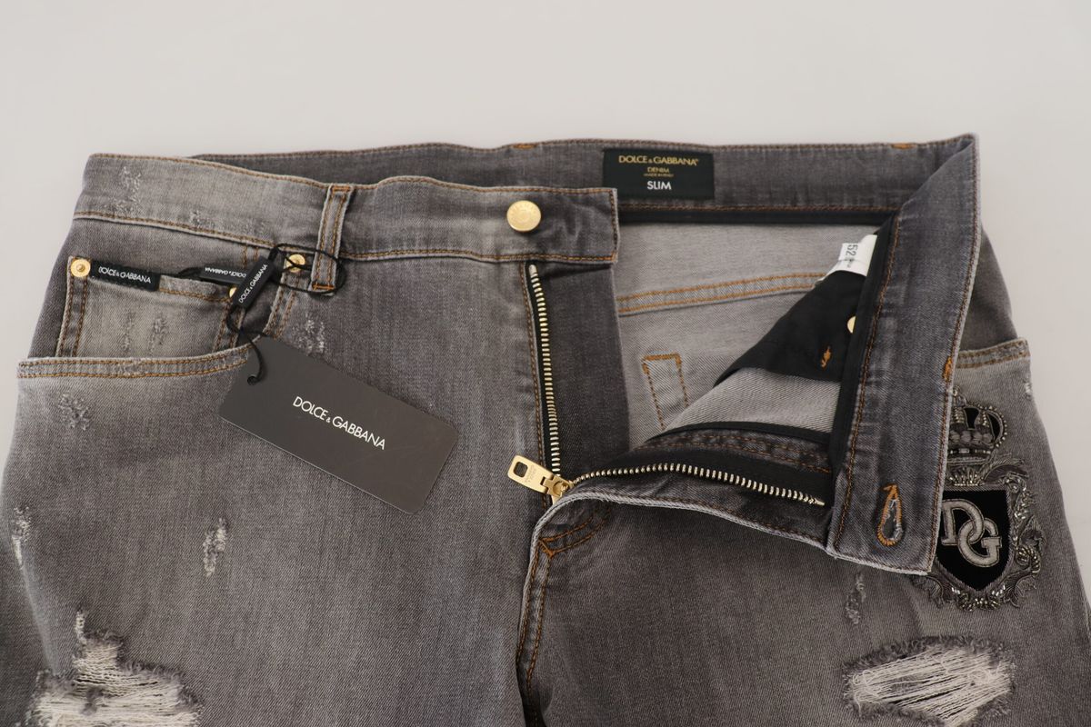 Dolce & Gabbana Gray Embroidery Tattered Slim Fit Denim Jeans - DEA STILOSA MILANO