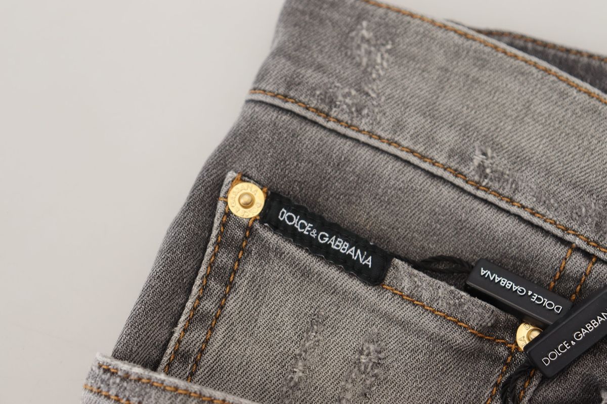 Dolce & Gabbana Gray Embroidery Tattered Slim Fit Denim Jeans - DEA STILOSA MILANO