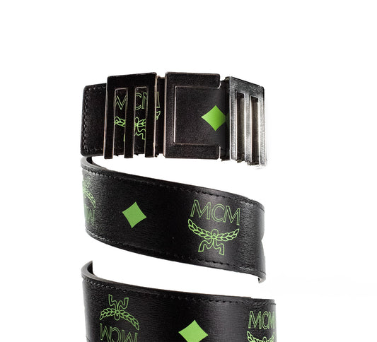 MCM Claus Mens Summer Green Smooth Visetos Logo Leather Numeric Buckle Belt - DEA STILOSA MILANO