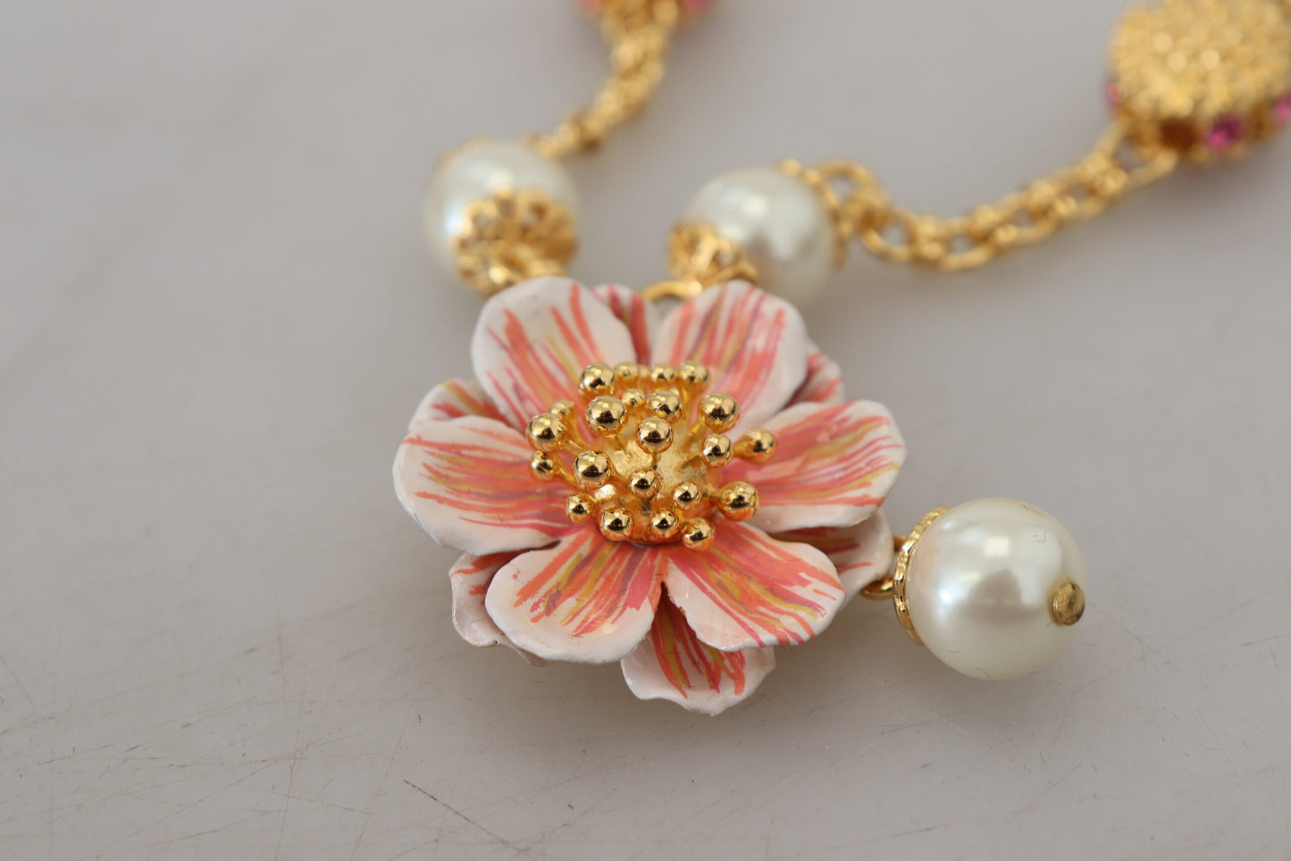 Dolce & Gabbana Gold Tone Floral Crystals Pink Embellished Necklace - DEA STILOSA MILANO