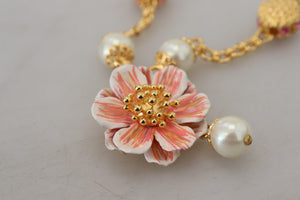 Dolce & Gabbana Gold Tone Floral Crystals Pink Embellished Necklace - DEA STILOSA MILANO