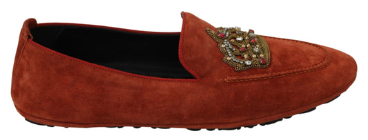 Dolce & Gabbana Orange Leather Moccasins Crystal Crown Slippers Shoes - DEA STILOSA MILANO