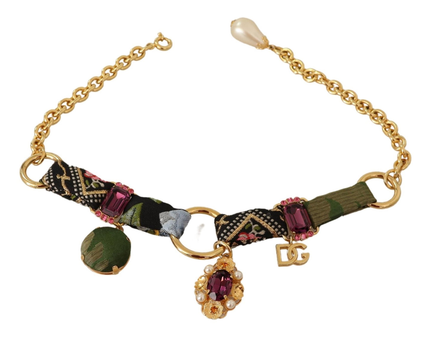 Dolce & Gabbana Gold Tone Brass Fabric Crystals Women Jewelry Necklace - DEA STILOSA MILANO