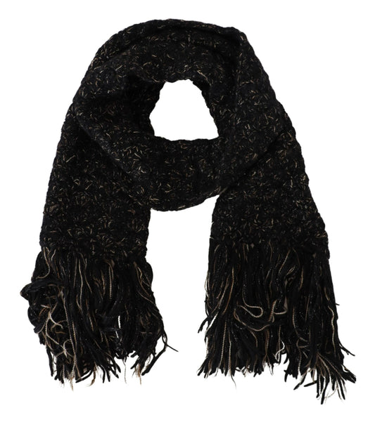 Dolce & Gabbana Black Wool Knitted Wrap Foulard Fringe Scarf - DEA STILOSA MILANO