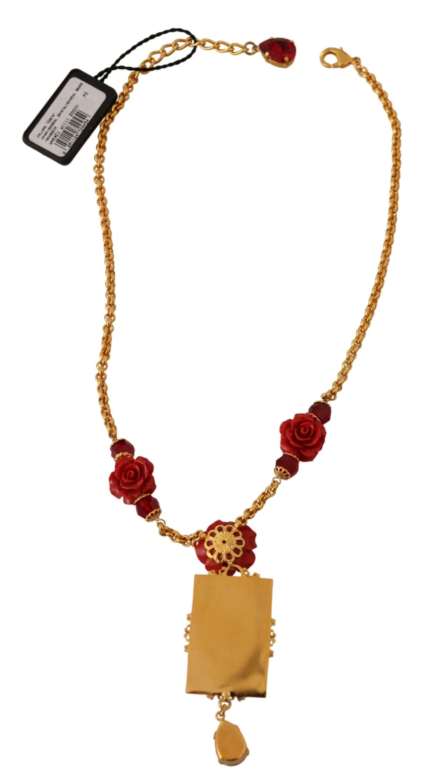 Dolce & Gabbana Gold Brass Flower Card Deck Crystal Pendant Necklace - DEA STILOSA MILANO