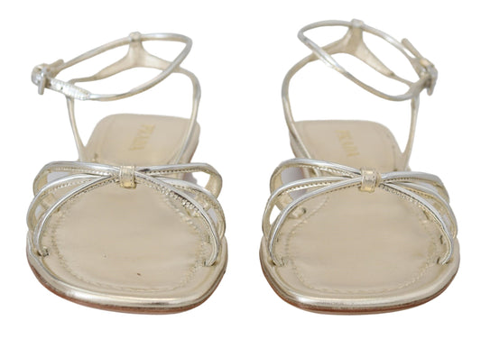 Prada Metallic Silver Leather Sandals Ankle Strap Flats Shoes - DEA STILOSA MILANO