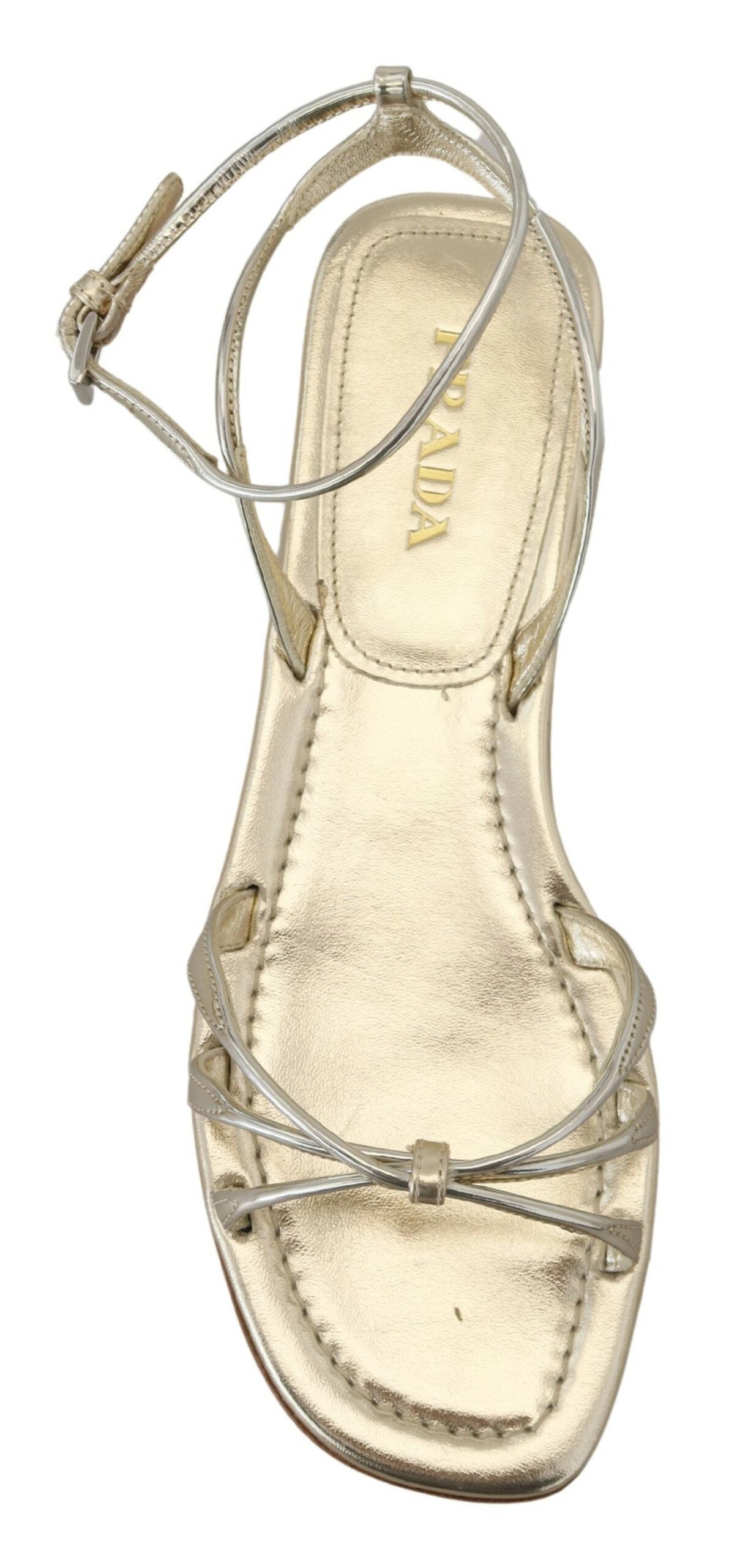 Prada Metallic Silver Leather Sandals Ankle Strap Flats Shoes - DEA STILOSA MILANO